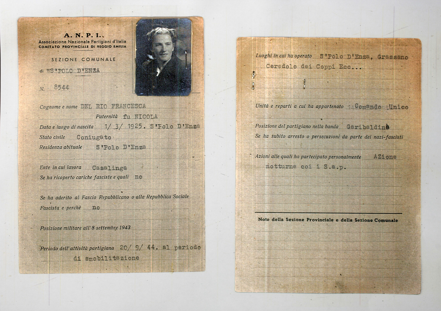 Scheda ANPI n. 8544 di Francesca Del Rio, tessera di riconoscimento partigiana